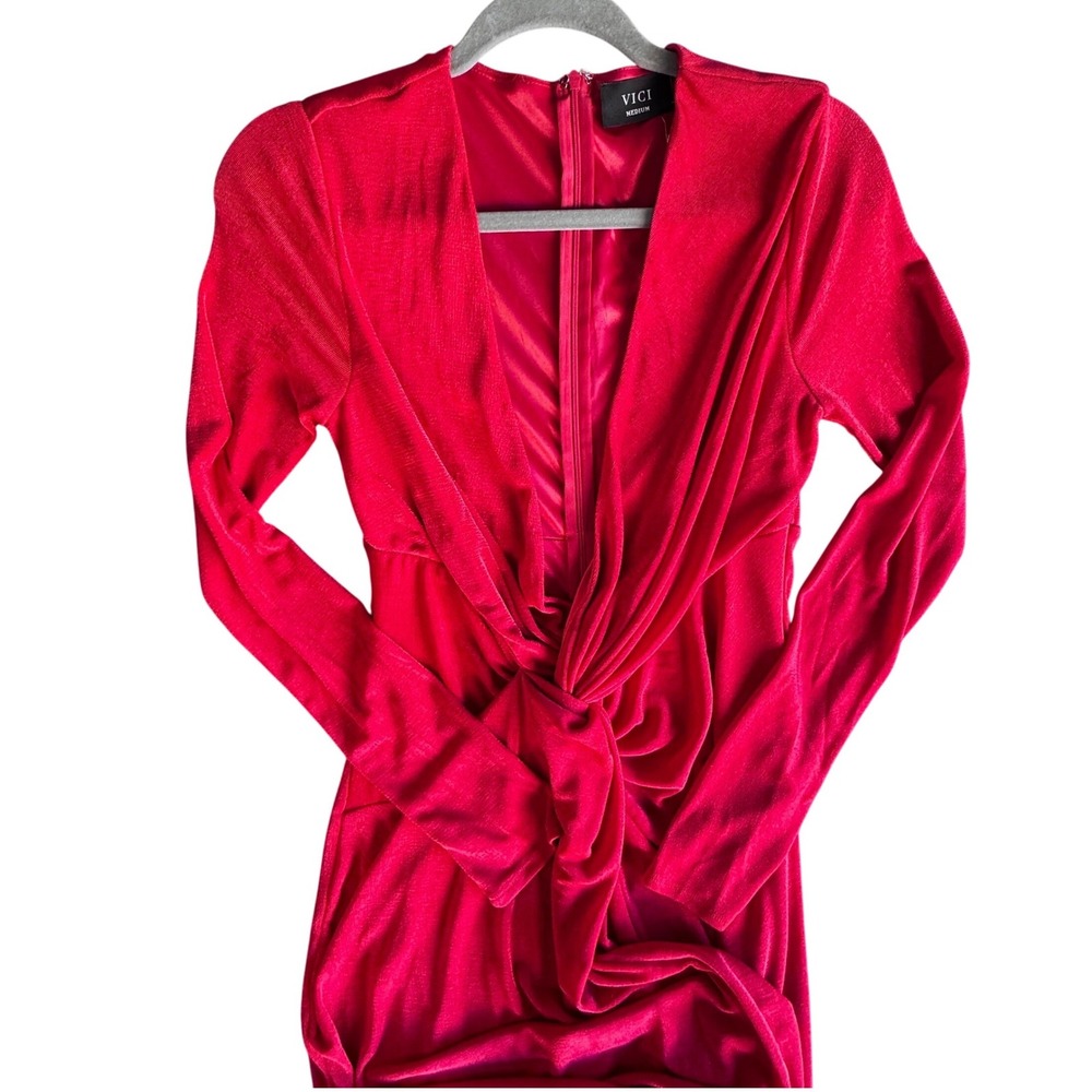 VICI Red Twist Front Deep V-Neck Long Sleeve Maxi Dress Shimmer Formal Gown M - Picture 3 of 7